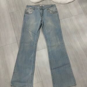 Cache Light Blue Flare Jeans with silver Embellishments crystals and sequins